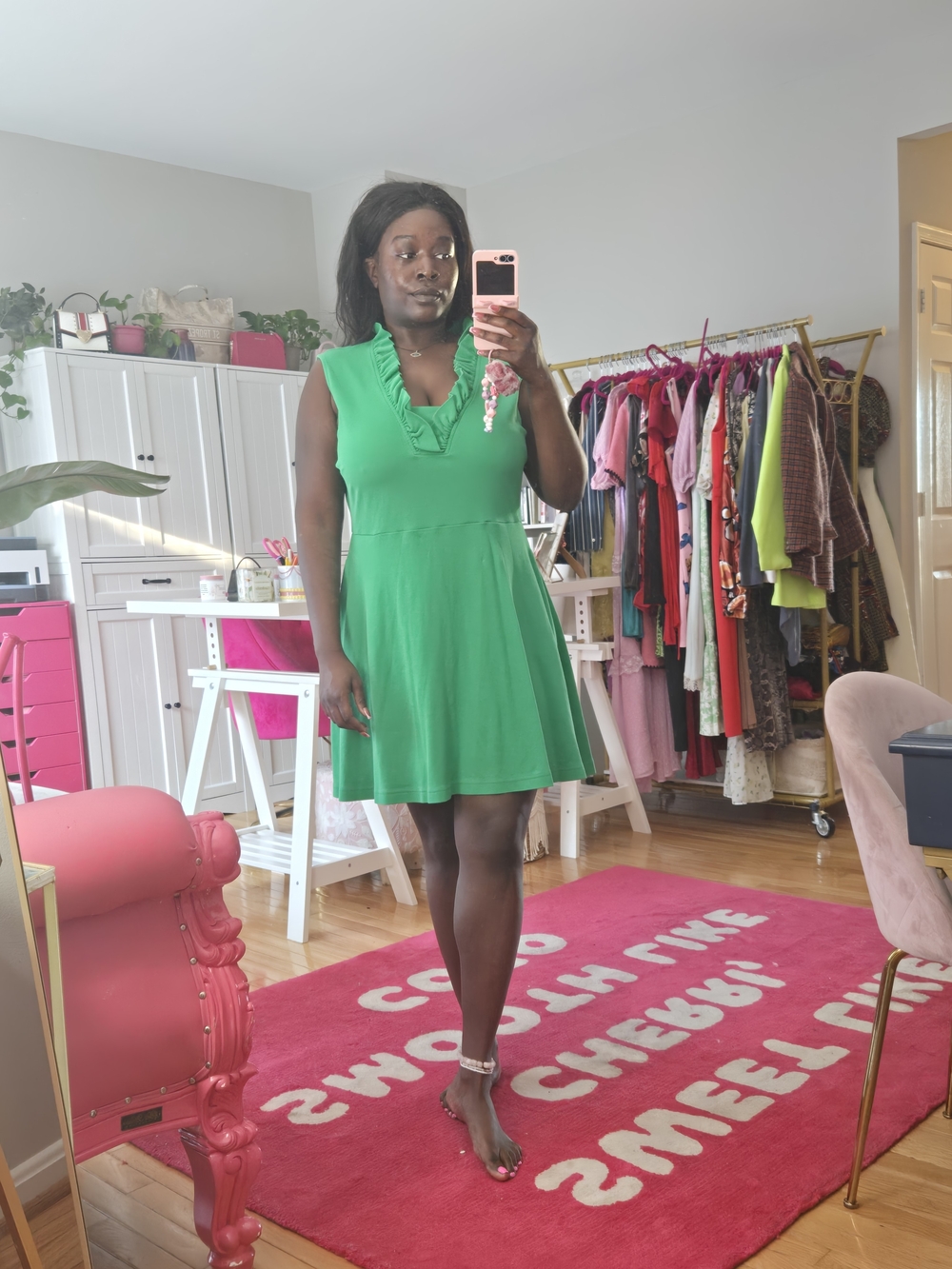 New York & Company - Bright Green Ruffle V-Neck Mini Dress
